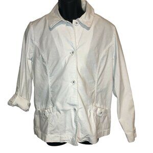 Basic Editions Women’s Size M White Canvas Jacket Button Up Roll Tab Sleeve